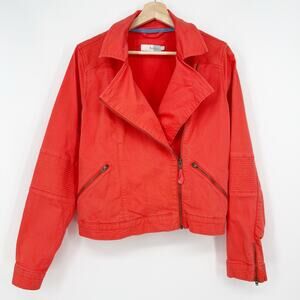 Boden Frances Motorcycle Jacket Women 12 Orange Cotton Denim Asymmetric Zip Crop